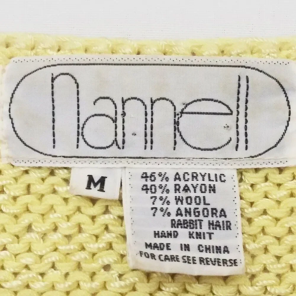 Vtg NANNELL Angora‎ V-Neck Sweater Bead Embellished Puff Sleeve Butter Yellow M